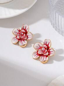 1 Pasang Anting Tusuk Minimalis Motif Bunga Tetes Minyak untuk Wanita, Cocok untuk Pemakaian Sehari-hari - Red and White - View 2
