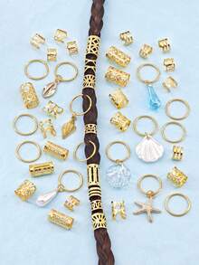 157pcs Ocean Style Hair Rings With Shell Starfish-Summer Vacation Adjustable For Girl's Braids - Gold - View 5