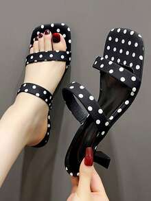 Women's High Heel Square Toe Summer New Polka Dot Fabric Slip-On Sandals Black Mid-Heel Woven Fabric Outdoor Slippers Elegant Minimalist Fashion Sandals - Black - View 1
