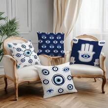 4pcs Bohemian Blue Evil Eye Pillow Covers, Turkish Nazar Lucky Eye Print Pattern, Single-Sided 2D Flat Print, Soft Comfortable Polyester Cushion Covers, 45*45cm (18*18in), Zipper Closure, Machine Washable, Suitable For Living Room Bedroom Home Decor (Pillow Covers Only, No Insert Included) - Multicolor - View 8