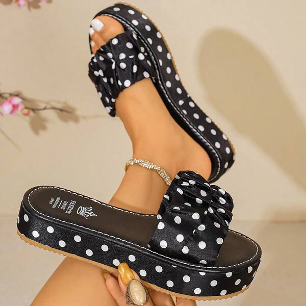 Summer New Polka Dot Strap Pleated Thick Sole Women's Sandals, Polka Dot Floral Pleated Upper Platform Thick Sole Design, Valentine's Day Graduation Season . Suitable For Dating, Shopping, Commuting, Party.