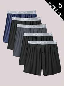 5Pcs Men's Underwear Set, Comfortable Polyester Fabric, Letter Waistband ,With Buttons, Elastic Loose Flat Corner Boxers, Home Wear,Men Gift - Multicolor - View 4