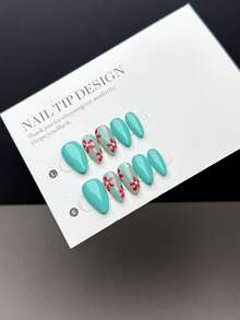 10 Pieces Of Hand-Made Nails, Short Almond-Shaped Push-On Fake Nails, Lake Blue Nail Surface With Hand-Painted Red And Yellow Flowers And Vertical Lines, Suitable For Daily Wear By Ladies And Girls, Comes With A Nail Set Handmade Press On Nails - Multicolor - View 3