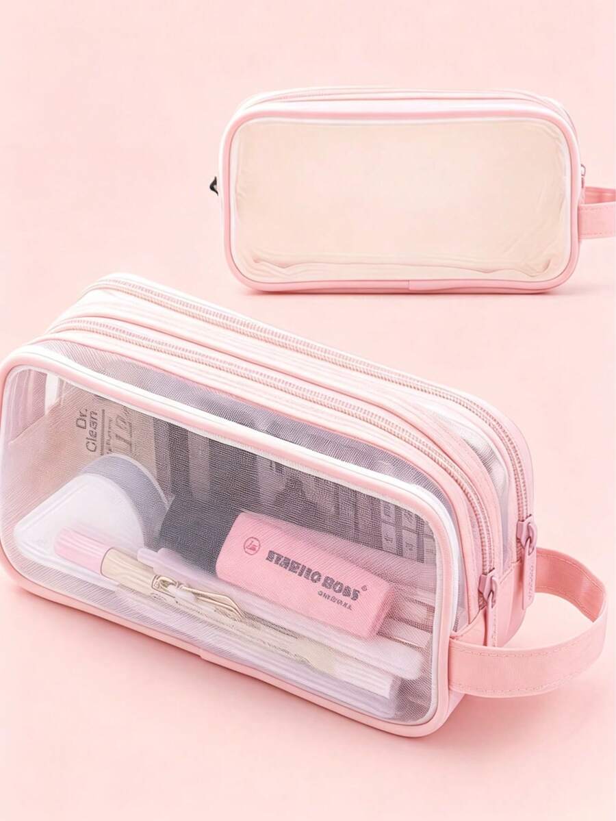 1pc Large-Capacity Grid Pencil Case With 2 Compartments - Durable Transparent Pencil Case, Multi-Functional Transparent Pencil Case, First Day Of School - Multicolor - View 1