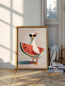 1 pieza Arte decorativo con temática de verano: Arte de pared de dibujos animados que presenta un ganso blanco sosteniendo una rebanada gigante de sandía - Perfecto para habitaciones de niños, comedores, cocinas, dormitorios, bed and breakfasts y decoración de paredes; sin marco - Animal A - Ver 1