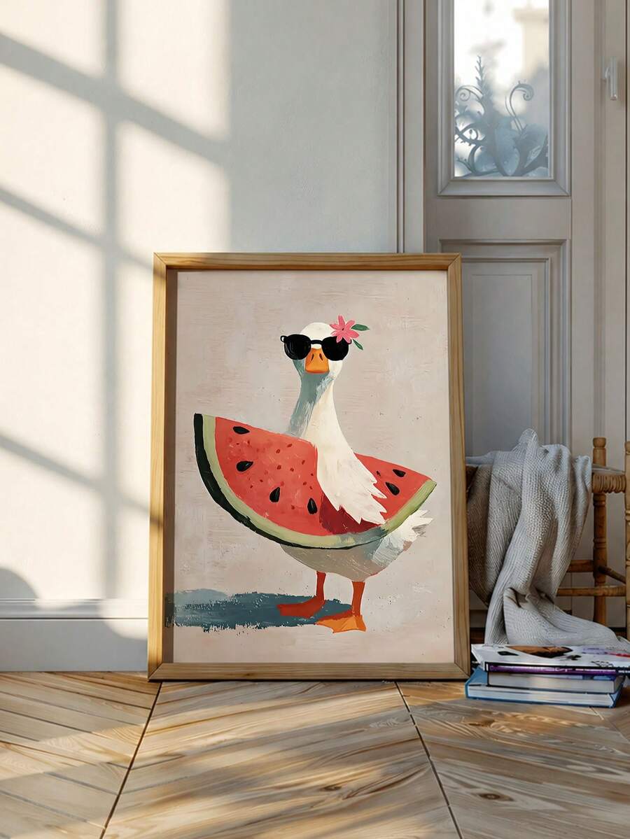 1 pieza Arte decorativo con temática de verano: Arte de pared de dibujos animados que presenta un ganso blanco sosteniendo una rebanada gigante de sandía - Perfecto para habitaciones de niños, comedores, cocinas, dormitorios, bed and breakfasts y decoración de paredes; sin marco - Animal A - Ver 1