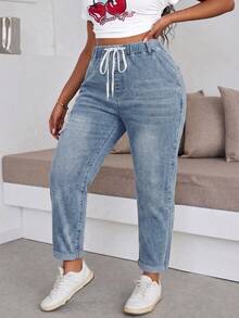 Women's Plus Size Light Wash Cropped Denim Jeans Ripped And Drawstring Tapered Fit - Blue - View 1