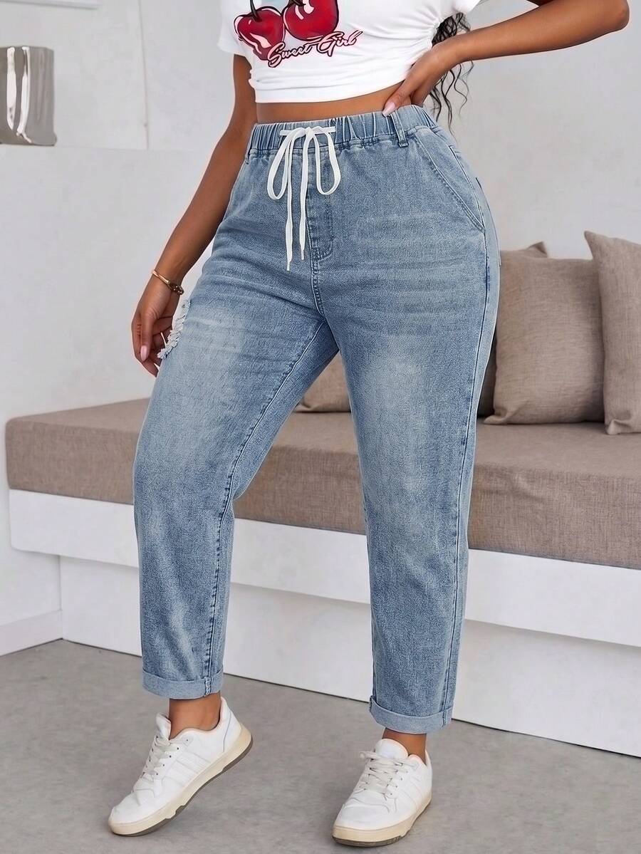 Women's Plus Size Light Wash Cropped Denim Jeans Ripped And Drawstring Tapered Fit - Blue - View 1