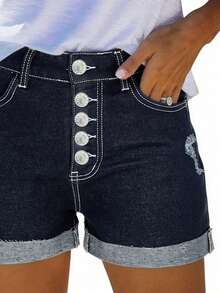 STLY New Stretch Slim Fit Classic Retro Nostalgic Casual Street Style Cuffed Front Button Design Washed Denim Shorts Summer - Denim - View 4