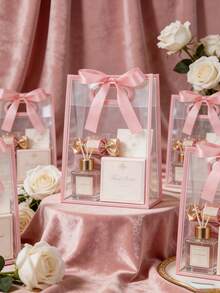 5pcs Transparent Gift Bags With Pink Trim And Satin Bow, Reusable Clear PVC Tote Bags, Suitable For Wedding, Bridal Shower, Birthday Gift Packaging, Elegant Gift Packaging, Suitable For Boutique Flower Display, 1pc - Multiple Styles - View 2