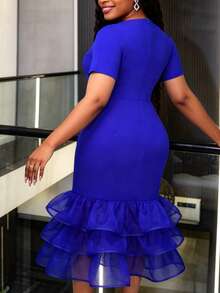 AOMEI Elegant Blue V-Neck Layered Mermaid Evening Gown,Cinched Waist Rhinestone Buckle Party Dress For Women,Wedding, Anniversary,Formal Wear - Blue - View 3