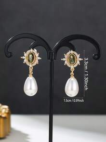 1 Pair Vintage Green Zirconia Teardrop Faux Pearl Earrings For Women To Wear,For Brides,Weddings,Daily Wear,Romantic Jewelry Gifts - Earrings - View 8