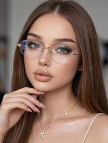 1 Pair Women's Rimless Small Oval Metal Temple Fashion Decorative Plano Glasses - Gold - View 1