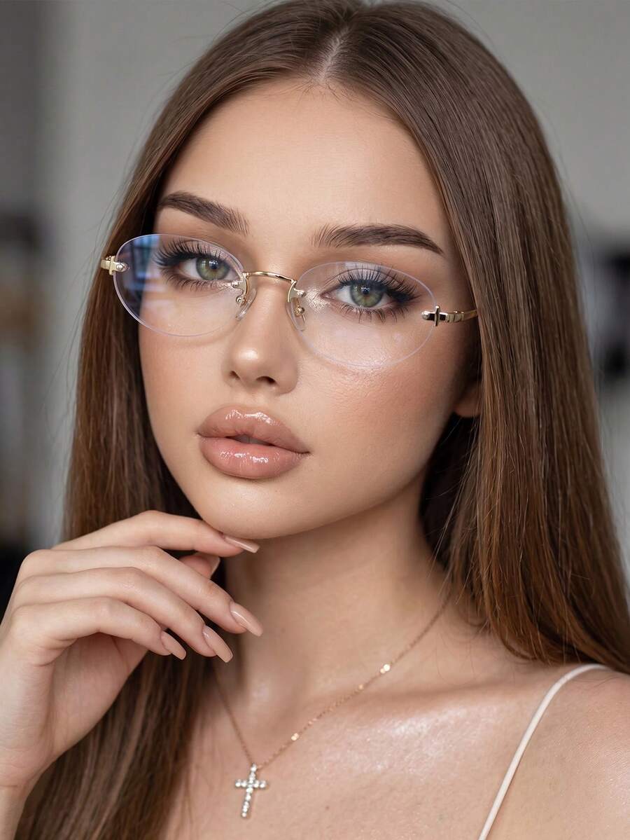 1 Pair Women's Rimless Small Oval Metal Temple Fashion Decorative Plano Glasses - Gold - View 1