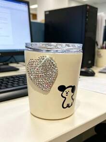 1pc Luxury Rhinestone Heart-Shaped Cute Dog Coffee Cup + ABS Lid, Stainless Steel Vacuum Insulated Coffee Cup, Double-Wall Structure With Powder Coating, Suitable For Travel Or Iced Coffee - Silver - View 2