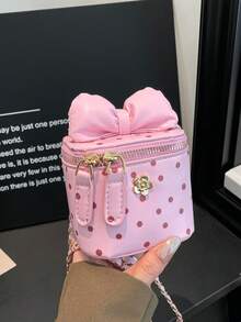 女童 2026 新款刺繡迷你櫻桃水桶包，可愛蝴蝶結鏈條斜挎包，紅色 - 粉 - 查看 5
