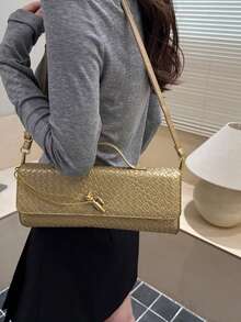 Women's Woven Evening Clutch, Rectangular Handbag With Top Handle And Detachable Crossbody Strap, Vintage Minimalist Shoulder Bag, Suitable For Parties And Daily Commute - Gold - View 3
