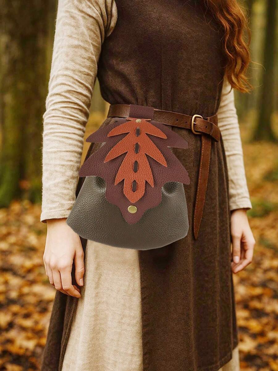1pc Forest Leaf Faux Leather Medieval Belt Pouch, Vintage Layered Leaf Waist Bag, Renaissance Fair LARP Halloween Cosplay Small Fanny Pack - Multicolor - View 1