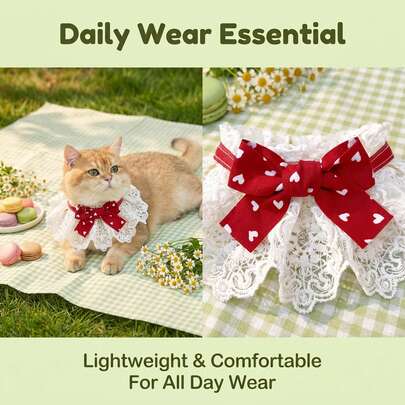 1pc Heart-Shaped Red Bow Lace Pet Collar, High-Value Lace Bow Tie For Cats And Dogs, Soft Lace Non-Choking Neck Decoration For Holiday Photos