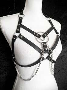 1 pieza Bustier con arnés de cadena con borlas en forma de corazón estilo punk oscuro para mujer, adecuado para fiestas rave - Negro - Ver 2