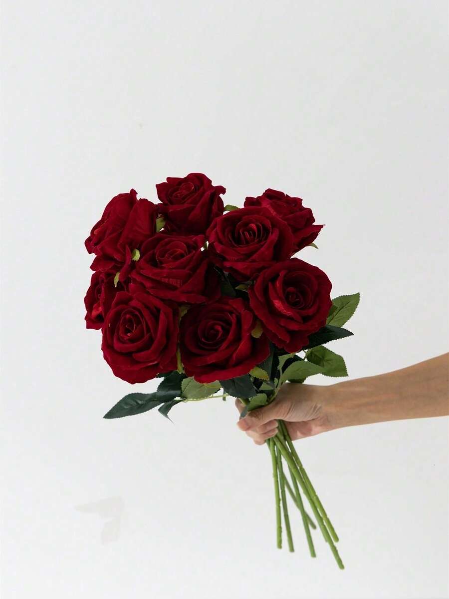 MEHELANY 9/5/1件裝 酒紅色玫瑰仿真新娘花束，逼真天鵝絨仿真花，花卉裝飾假玫瑰，秋季感恩節禮物，婚禮居家派對生日畢業週年紀念仿真玫瑰，戶外花園室內花瓶花束
