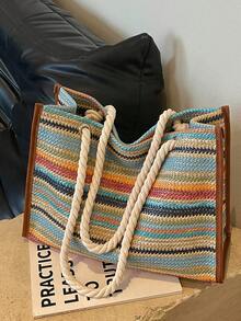 1 pieza Bolso de hombro tipo tote de paja tejida con diseño minimalista arcoíris, gran capacidad, adecuado para viajes, compras y vacaciones - Multicolor - Ver 6