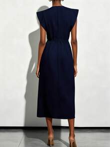 Party Long Dress, Shell Button Hollow Out Mid-Length Black Dress, Elegant High Waist Pocket Formal Party Cocktail Dress Summer - Royal Blue - View 3