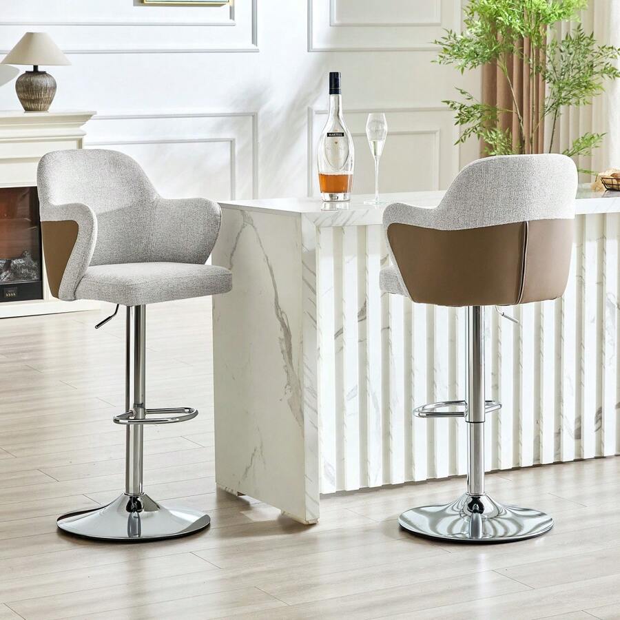 Modern Bar Stool Set (Set Of 2) / High-Quality Linen Bar Stools, -Plated Steel Frame / Easy To Install / High Load Capacity / Suitable For Home Bars And Restaurants - 灰色+棕色 - 查看 1