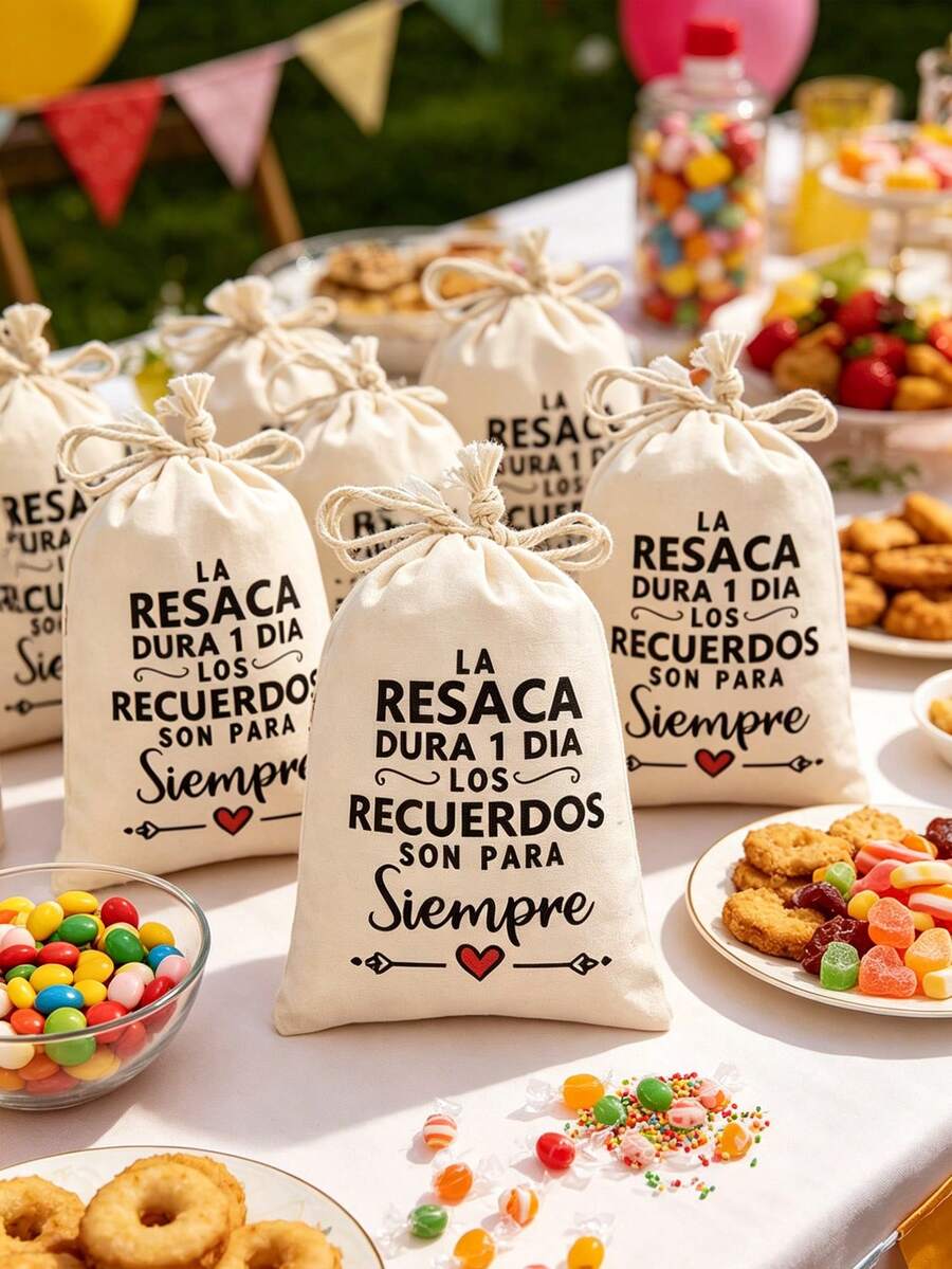 1pc/5pcs Beige Drawstring Bags, Suitable For Parties - Perfect For Hangover Recovery Supplies And Post-Party Gift Bags, Reusable And Durable, Fun Printed Burlap Drawstring Bags, Bachelorette Party Hangover Theme Party Favor Bags, Wedding Party Candy Gift Packaging Small Fabric Bags, Gift Wrapping Party Favors - Multicolor - View 1