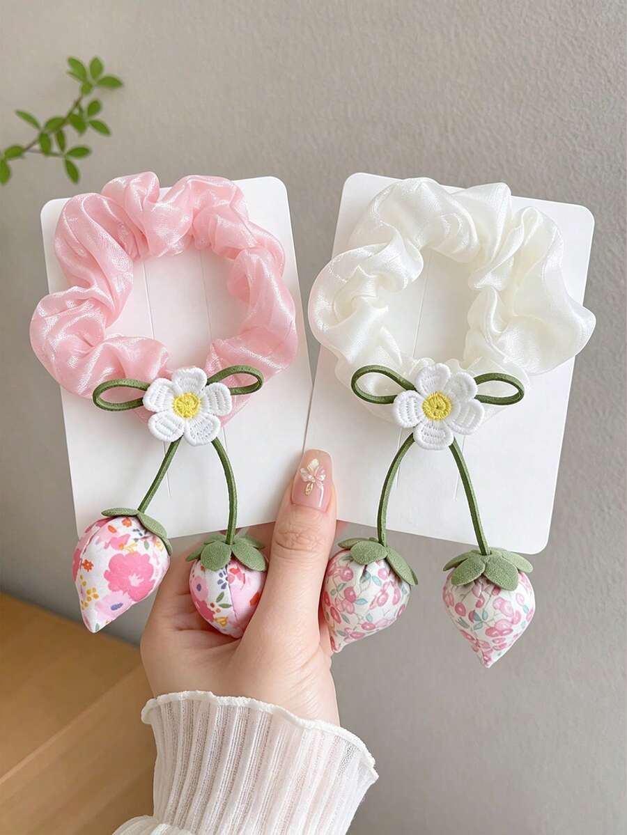 1pc Cute Strawberry Pendant Scrunchie For Girls, Suitable For Daily Wear, Back To School Season - Multicolor - View 1