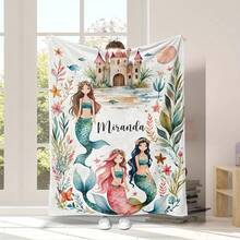 Customized Flannel Blanket, Printed With Exclusive Name, Numbered Mermaid Pattern And Pink Elements, Suitable For Bedroom, Living Room And Travel Scenes - Multi-Functional Practical Blanket - Multicolor - View 17