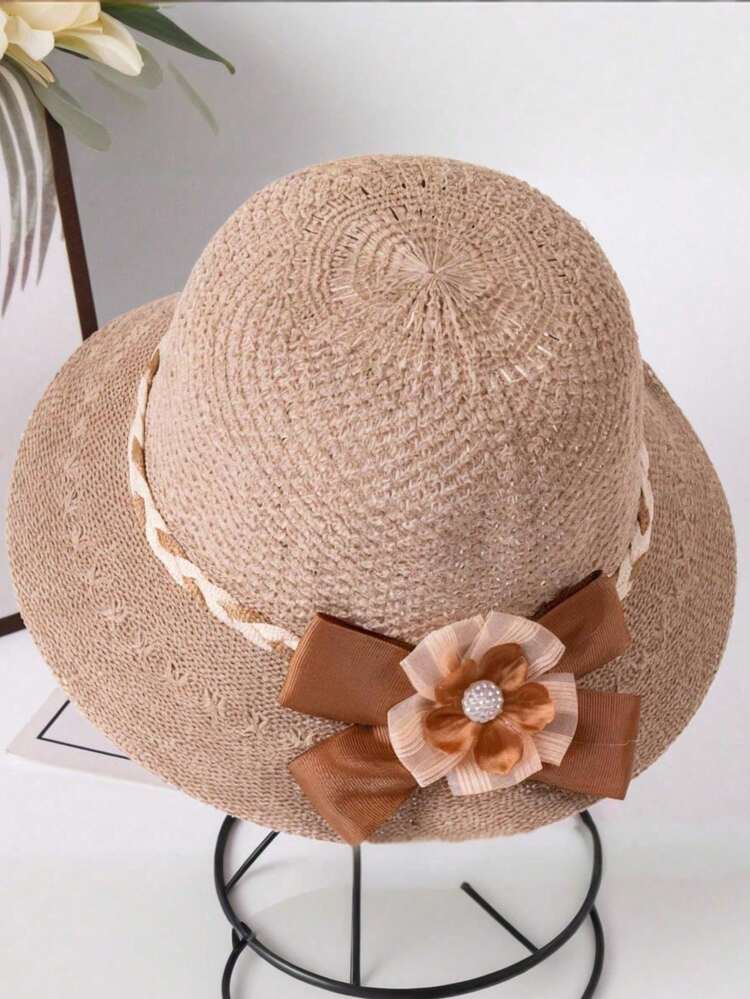 Women's Fashion Floral Decorated Elegant Straw Hat, Suitable For Spring/Summer Outdoor Shopping, Travel And Vacation. Sun Hat, Hollow Design, Multi-Functional Bucket Hat, Suitable For Daily Use, With Windproof Rope - Multicolor - View 6