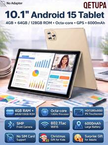 Qetupa M9-4 10.1 吋 Android 15 平板電腦,4GB RAM+64GB/128GB ROM,八核心 1.8GHz 處理器,HD (1280x800) IPS 觸控螢幕,BT 5.2 & 802.11ac WiFi5,GPS,5MP 前置相機 & 13MP 後置相機,6000mAh 大容量電池,不支援 SIM 卡(無適配器) - 金色 - 查看 2