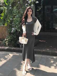 Summer Solid Color Long Fitted Mermaid Hem Short Sleeve Sweater Dress - Dark Grey - View 6