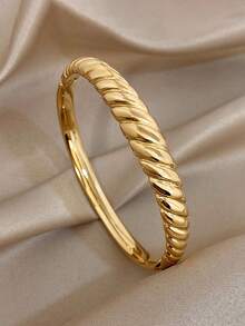 1Pc/Set Classic Gold Plated Textured Braided Open Stainless Steel Bangle Bracelet Set,For Women,Daily/Boho/Party/Wedding,Mom Gifts,Valentine Birthday - Multicolor - View 8