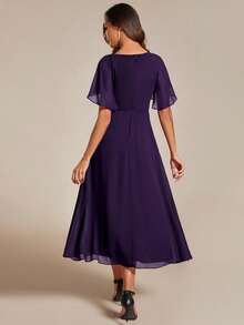 EVERPRETTY Elegant Dark Purple Chiffon Wedding Guest Dress For Fall Wedding Anniversary With Floral Applique Waist And Flutter Sleeves Romantic Formal Dress - Purple - View 5
