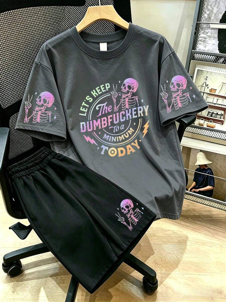 骷髏與字母印花T恤短褲套裝,大尺碼女款夏季休閒優雅穿搭 - 彩色 - 查看 1