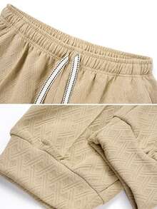 Men's Spring/Autumn 2 Pieces Sports Set, Khaki Jacquard Textured Sweatshirt And Drawstring Cuffed Jogger Pants, Outdoor Sports Casual Outfit Summer - Khaki - View 7