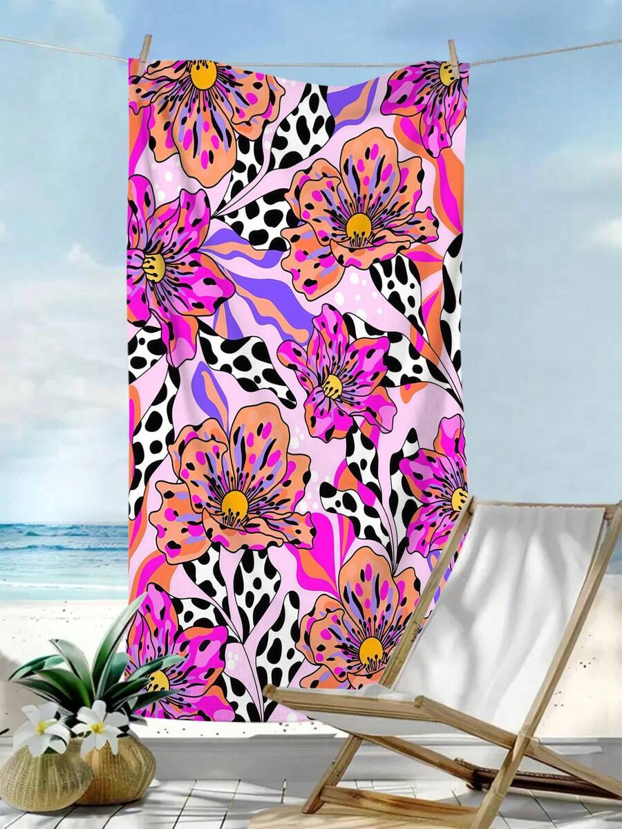 1pc Leopard Print Beach Towel, Fashionable Leopard Pattern Beach Towel, Ultra-Fine Microfiber Quick-Dry Absorbent Sand-Proof Beach Towel, Suitable For Travel, Swimming Pool, Diving, Surfing, Beach Party And Gathering, Summer Beach Travel Essential, Vacation Bathroom Decor Multi-Functional Beach Towel - Leopard Print Flowers - View 1