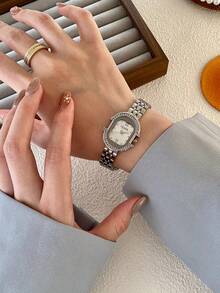 1件女款手錶錶帶，方形小錶盤搭配水鑽裝飾，優雅百搭精準石英手錶，適合日常佩戴 - 銀色 - 查看 5