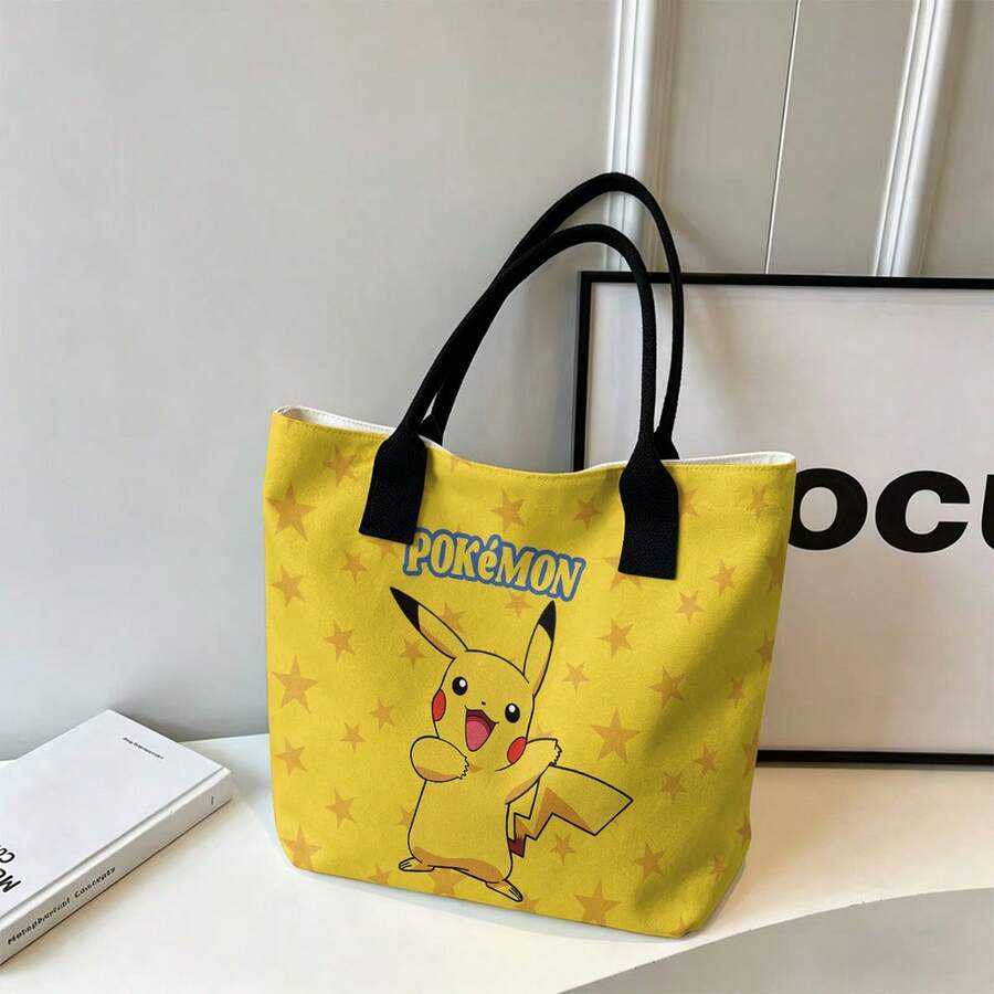 Miniso Pokémon Canvas Tote Bag, Yellow Base With All Over Star Print, Front Pikachu Graphic & Logo, Reusable Daily Shoulder Handbag For School, Shopping - Black - View 1