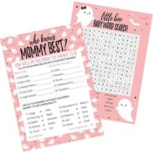 Pacote de Jogos de Chá de Bebê de Halloween "Pequeno Boo Rosa" - Cartões Dupla Face - Quão Bem Você Conhece a Mãe e Caça às Palavras - Jogos de Chá de Bebê de Halloween - Busca por Mamãe Rosa - Visão 1