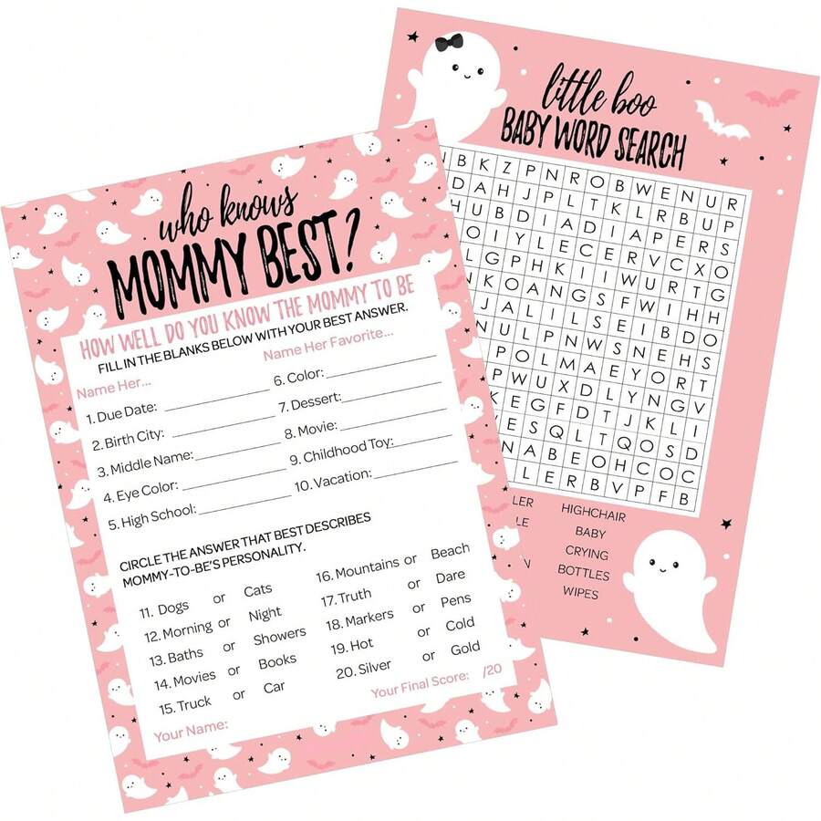 Pacote de Jogos de Chá de Bebê de Halloween "Pequeno Boo Rosa" - Cartões Dupla Face - Quão Bem Você Conhece a Mãe e Caça às Palavras - Jogos de Chá de Bebê de Halloween - Busca por Mamãe Rosa - Visão 1
