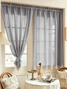 1 pièce Rideau de cuisine en lin moderne avec dentelle et pompons - Style lin japonais, design à poche pour tringle, convient pour le salon et la chambre - Rideau transparent et filtrant la lumière, rideau de salon, rideau de chambre, décoration de la maison (poids du tissu 180g) - Multicolore - Voir 2