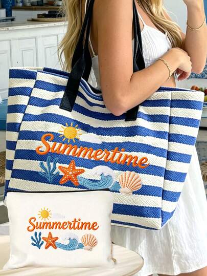 Large Capacity Blue & White Striped Beach Tote Bag, Summer Theme Faux Embroidery Pattern Print (2D) Foldable Canvas Shoulder Bag, Vintage Striped Design, Sand-Proof Travel Bag, Summer Essential, Suitable For Beach Travel, Swimming, Shopping And Daily Use, Suitable For Women, Travelers And Beach Lovers, Perfect For Spring Break, Vacation And Gifts, Can Be Used As Beach Bag, Shopping Bag And Travel Companion, Back To School Gift, Teacher's Day Gift