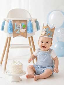 1set 1/2 Blue Half Birthday High Chair Banner Crown Set - Goose Half Birthday Party Decoration, Flower Lawn Party Photography Props, Six Month Boy Girl Birthday Decor, Sweet Cake Smash Photo Props, Wall Hanging Decor, Kids Bedroom Photo Props, Baby Photography Props, Bohemian Style Decor - Baby Blue - View 5