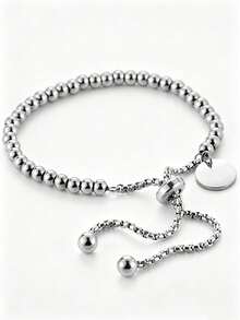 MECYLIFE 1pc Minimalist Fashion Gold/Silver Plated Stainless Steel Round Pendant Adjustable Beaded Engraved Bracelet - Silver - View 6
