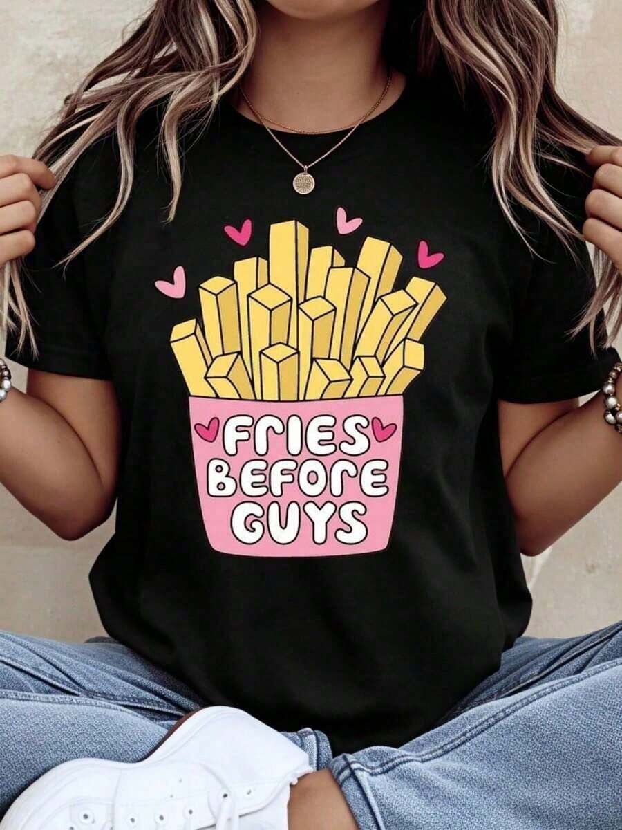 FriesBeforeGuys Interesting Women T Shirt,Casual Cartoon French Fries Pattern,Cute Pattern T Shirt,Suitable For Daily Wear And Gift Giving,Pattern T S - 黑色 - 查看 1
