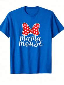 Chic Mama Mouse T-Shirt With Graphic Print, Short Sleeves, Cotton, Round Neck, Casual Style, Ideal Gift For Mom. - 藍色 - 查看 6
