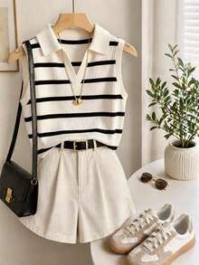 Women's Casual Striped 2 Pieces Set, Including Collar Top And Shorts, High Elastic Knit Fashion Outfit - Multicolor - View 1